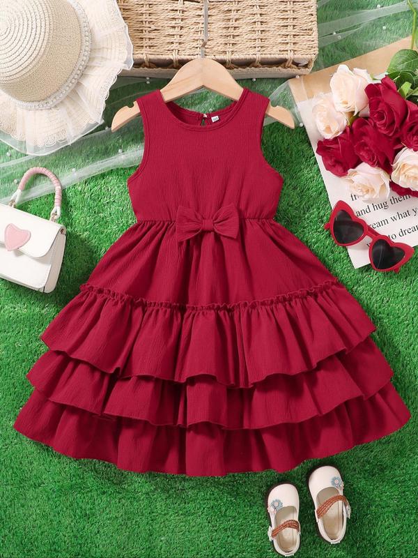 Girl's Solid Bow Decor Ruffle Trim Dress, Cute Casual Sleeveless A Line Dress for Summer, Kids Clothes for Daily Wear 1
