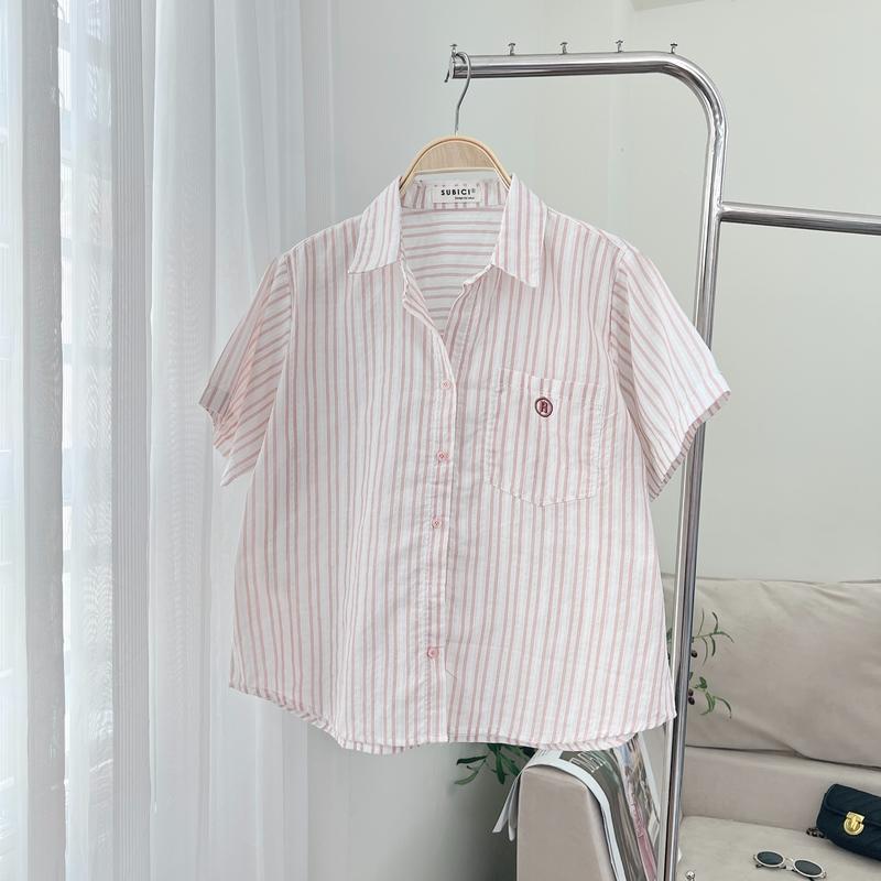 Áo Sơ Mi Kẻ Sọc Thêu R Dáng Lửng Chất Linen Hoa Mềm Mại Nhẹ Mát Freesize Form Rộng Vừa | SUBICI