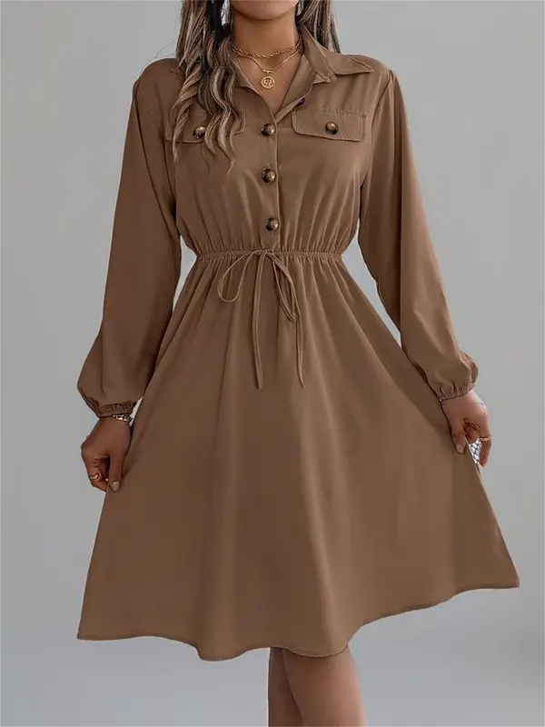 Women's Plain Flap Fake Pockets Dress, Casual Long Sleeve Collared Dress for Spring & Fall, Women's Clothing for Daily Wear 1