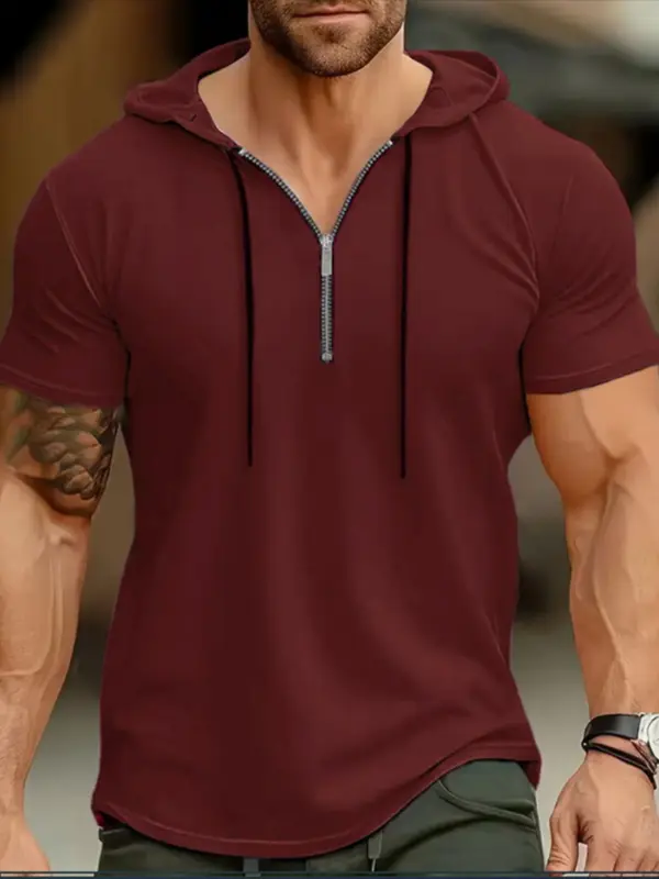 Men's Solid Zip Up Hooded Tee, Regular Fit Casual Breathable Short Sleeve T-shirt for Summer, Men's Top for Daily Wear, Sweatshirts 5