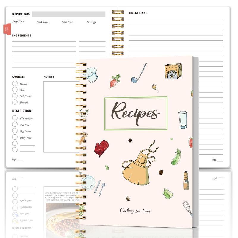 Product Introduction of A5 Blank Recipe Book, 1/4 Counts Spiral Bound Recipe Book with Simple Pages for Adults to Record and Organize Personal Recipes, Durable Plastic Cover, with St Labels 0