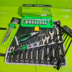 Toolkit Tekiro Paket Lengkap Full Set / Kunci Shock Sock 10 Pcs 8-24mm + Kunci Ring Pas Set 11pcs 8-24mm + Kunci T Set 4 pcs + Kunci L Set 8 Pcs + Tang Kombinasi + Obeng Gagang Karet Plus ( + ) 150 mm / Alat Perkakas Kunci Bengkel Motor 1