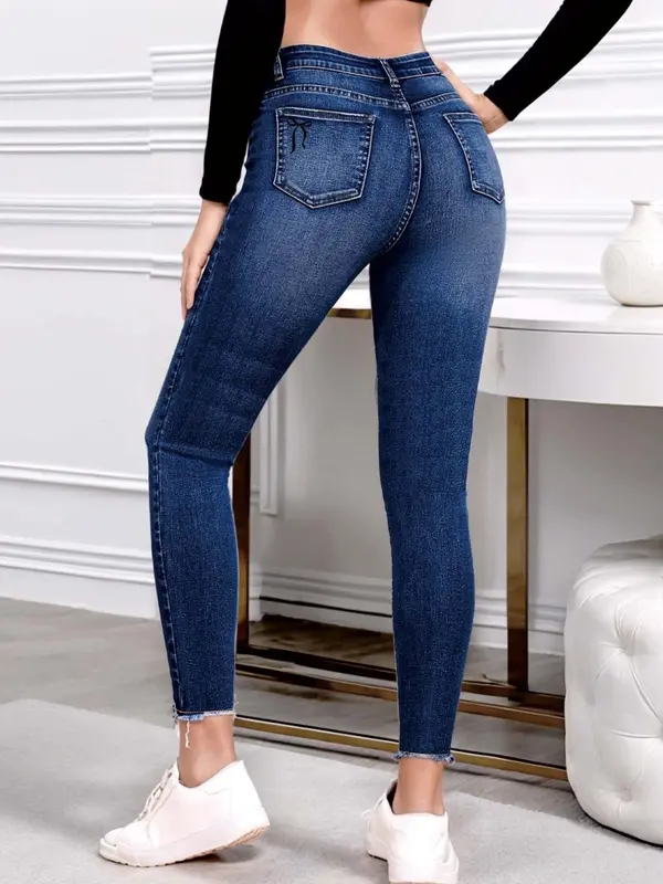 Women's Plain Raw Hem Skinny Jeans, Casual Comfy Denim Jeans for Daily Wear, Ladies Bottoms for All Seasons 1