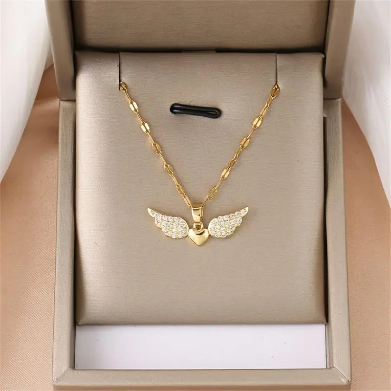 [1pc Heart Shaped Angel Wing Pendant Necklace] Fashion Necklace with Synthetic Cubic Zirconia, Copper, Stainless Steel Chain, for Women, Suitable Over 15 Years Old, Birthday Party Gift mother's day gift 1