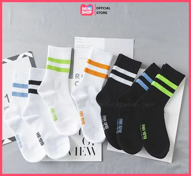 Tất cổ cao nam nữ sọc ngang chất liệu cotton thoáng khí, vớ nữ nam phong cách