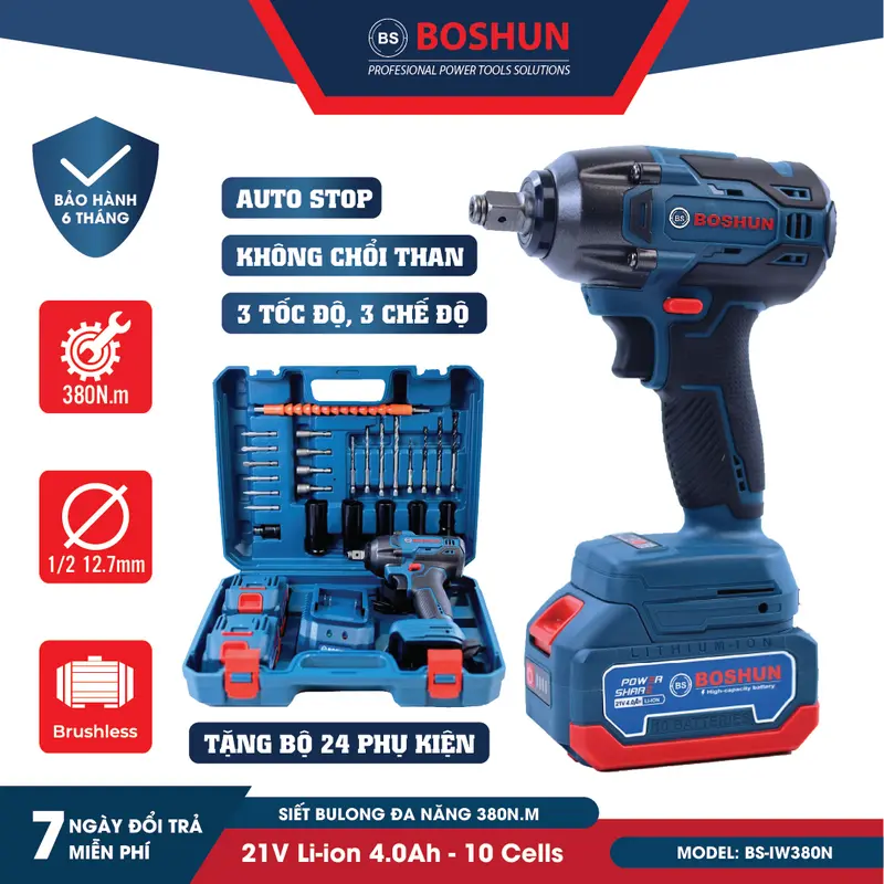 Máy Siết Bulong BOSHUN BS-IW380N Đầu 2 trong 1, Điều tốc 3 cấp, Chế Độ Auto Stop, Lực siết 380N Bảo Hành Chính Hãng 3