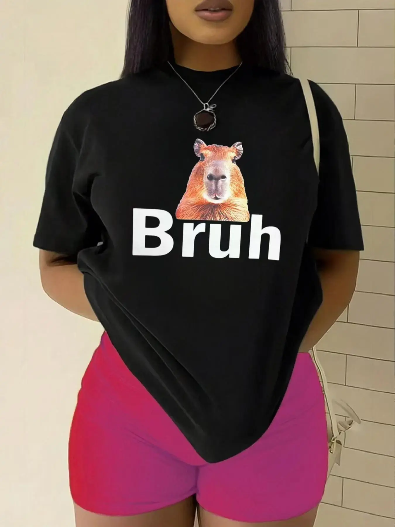 Women's Capybara & Letter Print Round Neck Tee, Fashion Casual Crew Neck T-shirt for Daily Holiday Vacation Outdoor Wear, Ladies Clothes for Summer
