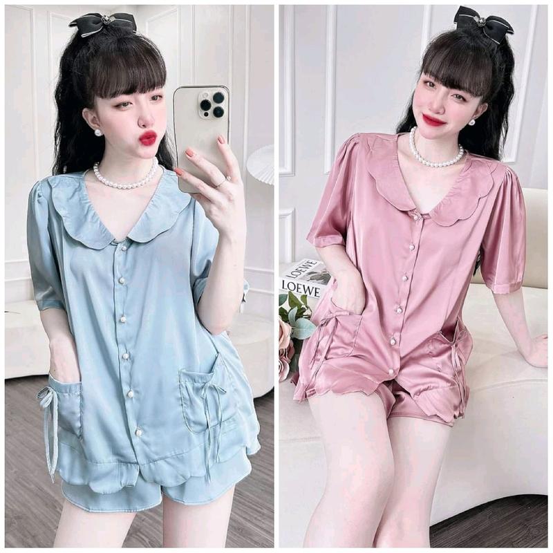 Đồ ngủ pyjama nữ mặc nhà Bigsize 45kg-70kg - Mẫu tiểu thư cổ lượn nút ngọc sang trọng  Women Pijama ÁO TAY NGẮN KÈM Quần Ngủ Kem Ren rose  đồ