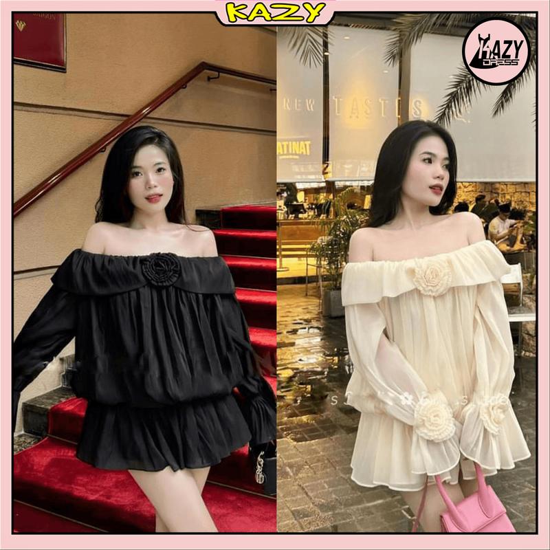 Váy áo trễ vai đính hoa tay dài dáng bồng, đầm tơ trễ vai hai lớp có đính hoa tay áo (kèm quần) phong cách dễ thương, bánh bèo V104 KAZYDRESS