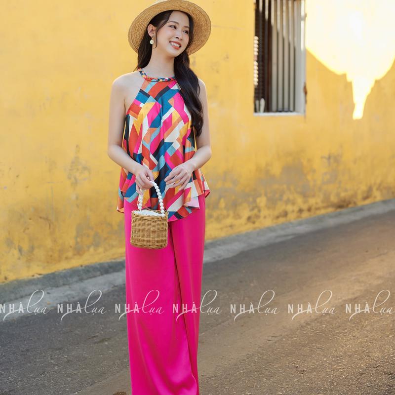 Áo yếm lụa Yên Thủy nữ thổ cẩm mua hè,thiết kế quần ống rộng sang trọng thanh lịch cao cấp du lịch Nhà Lụa