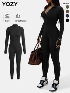 YOZY Women's Solid Thumb Hole Zip Up Skinny Jumpsuit, Casual Comfy Long Sleeve Stand Collar Jumpsuit for Spring & Fall, Women's Clothes for Daily Wear, Valentine's Day Gift for Girl