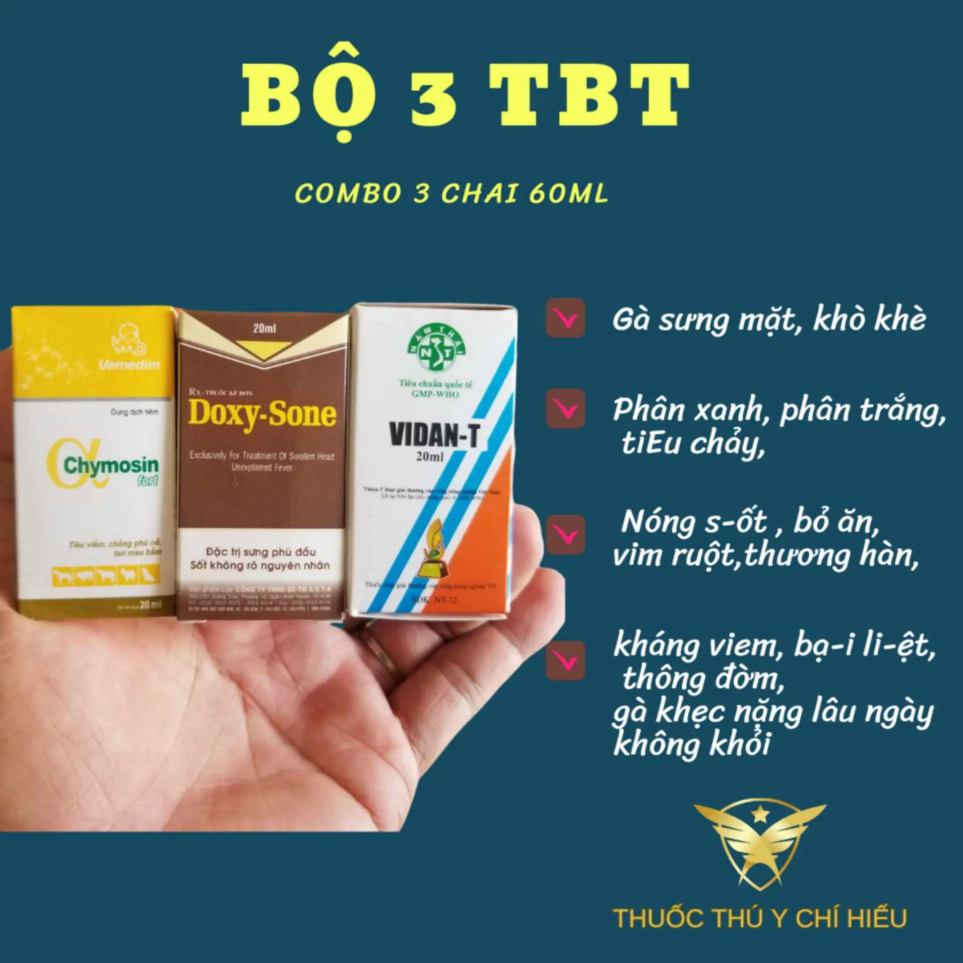 Bộ 3 TBT [60ml] Chuyên Trị Các Bênh Hay Gặp Trên Gà Đá [ VidanT + Doxysone + Chymosin ] ( khò khè nặng, sưng phù đầu, sưng mặt, tiu chảy, phân xanh, phân trắng, và các bênh khác, dung dịch tiêm dùng cho gà