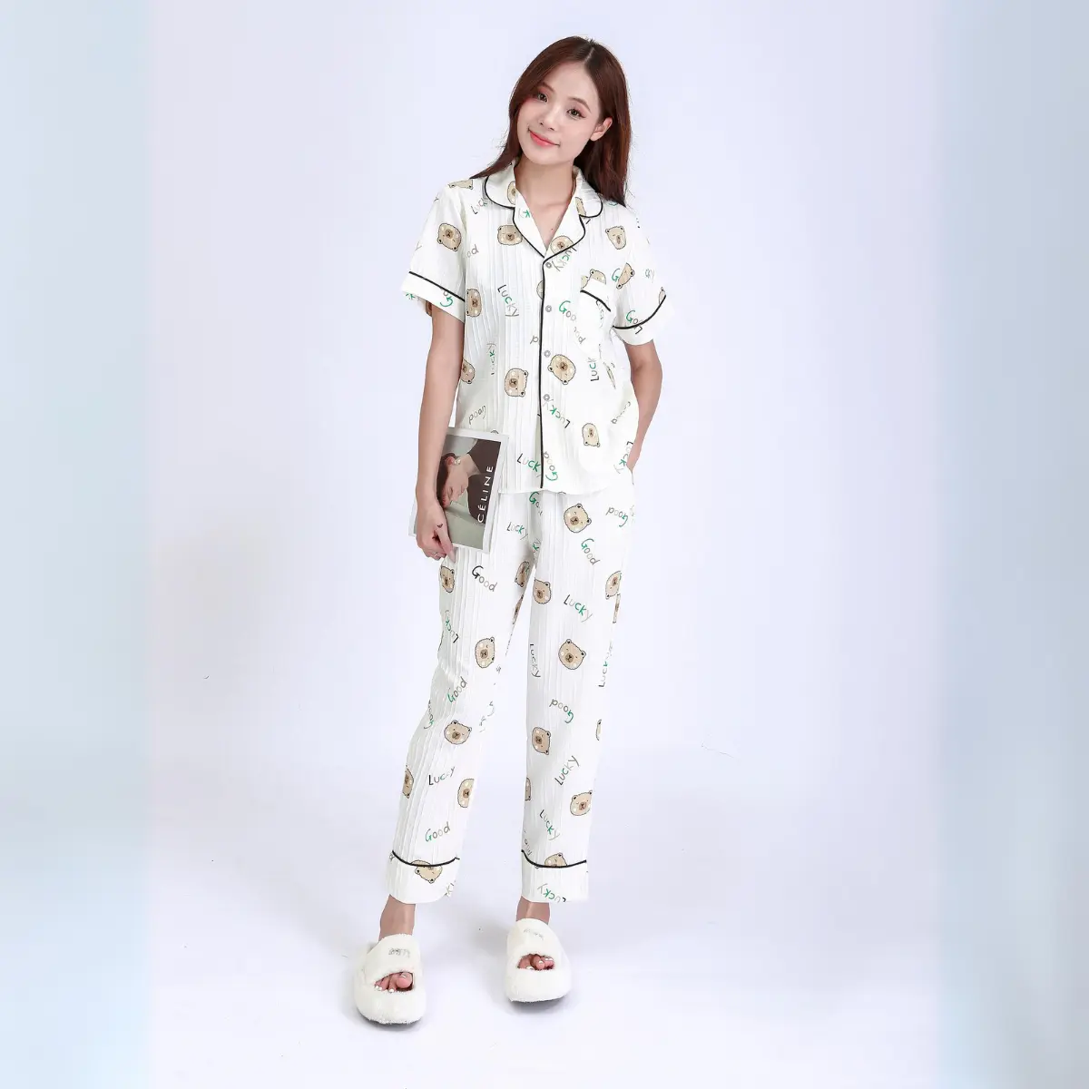 Đồ Bộ, Đồ Ngủ Pyjama Nữ, quần dài Nhiều Hình Cute Chất Vải Đũi Gân Mềm Nhẹ