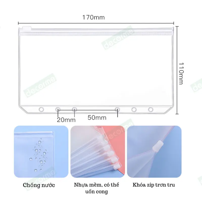 Túi zip sổ tiết kiệm DecorMe túi zip A6 đựng tiền, đồ cá nhân, gắn sổ tiết kiệm, sổ tay tiện lợi chống nước 1