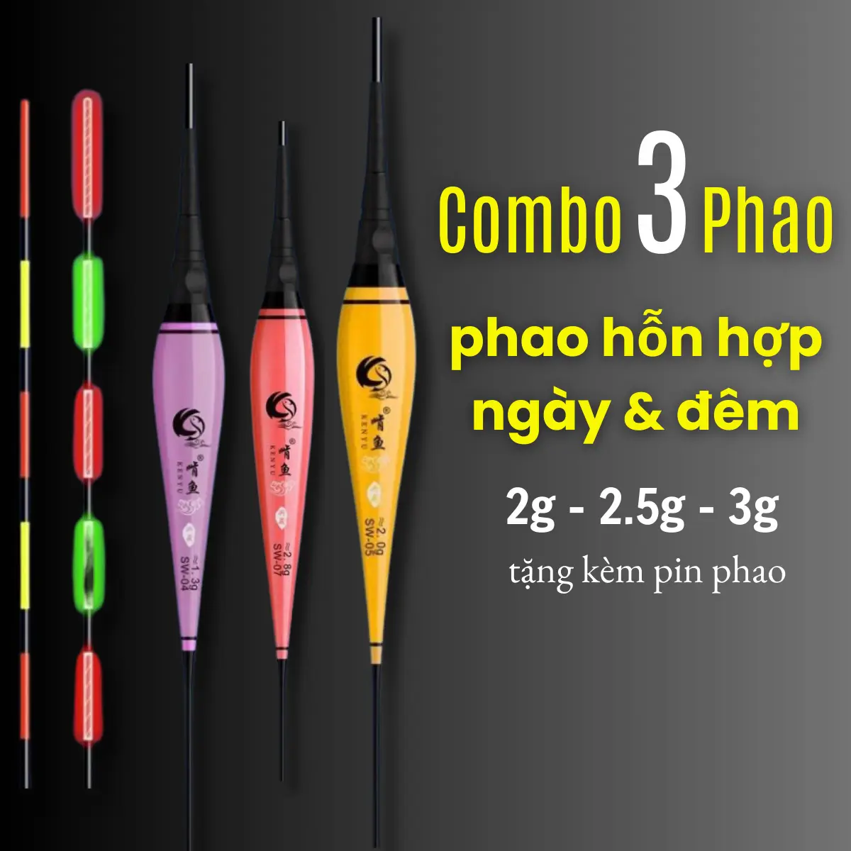 Fishing Floats, Combo of 3 mixed day and night fishing floats 2g, 2.5g, 3g, with free float battery ultra  light  fishing skate yoga  mat ring  worm spike  set ring  worm tracking  spray interco aerial  straps fishing  rod