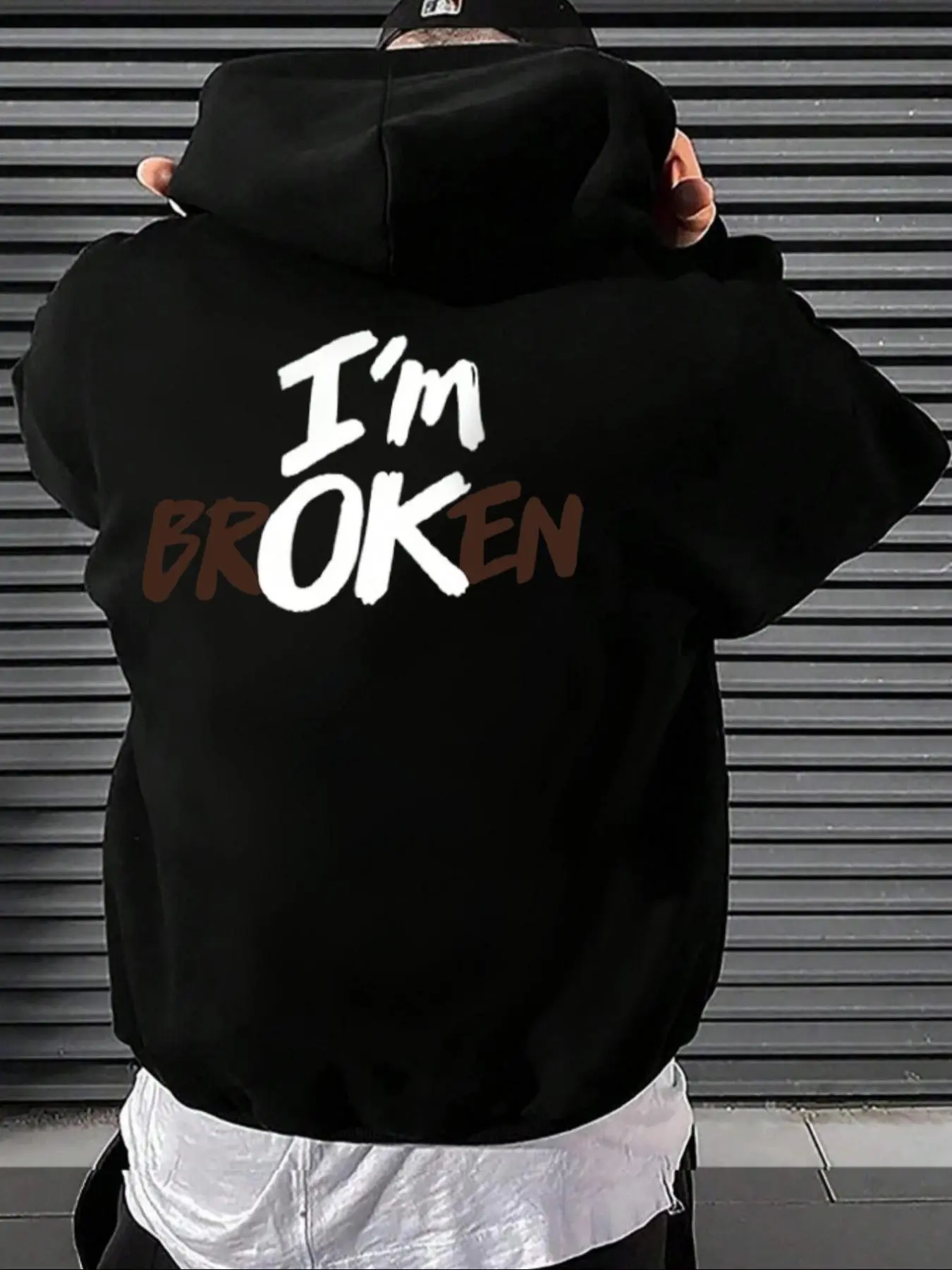Men's "I'M OK" Letter Print Drop Shoulder Hoodie, Fashion Casual Regular Fit Drawstring Pocket Hooded Sweatshirt for Daily Holiday Outdoor Wear, Men Clothes for Spring & Fall