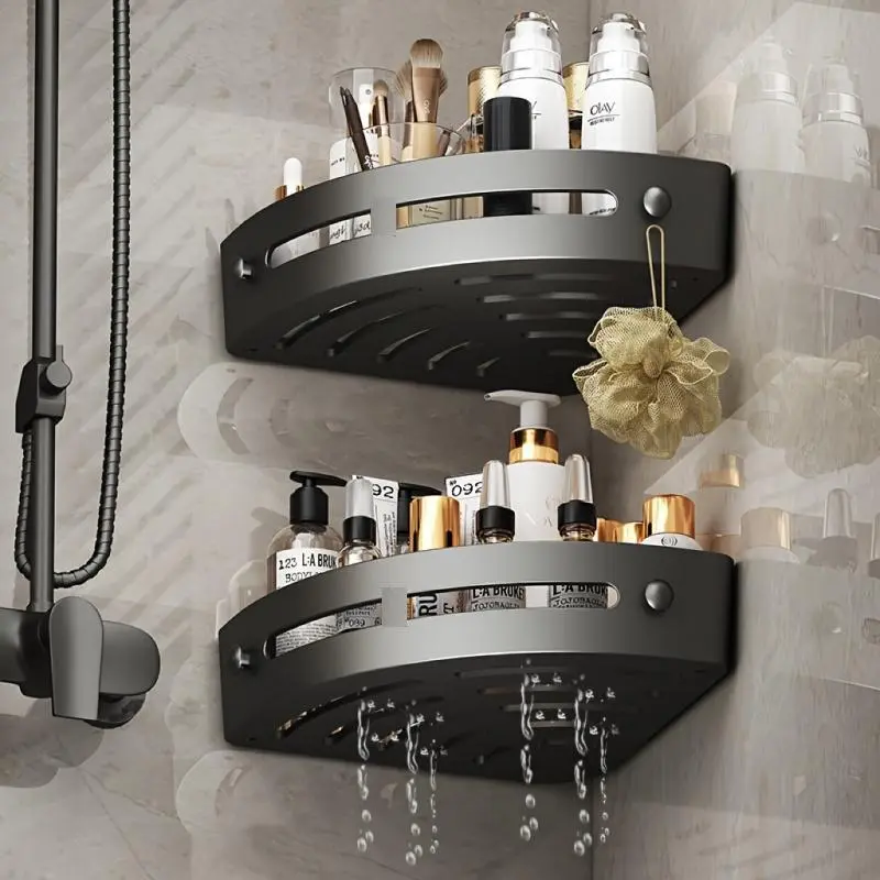 Bathroom Corner Rack, Adhesive Shower Shelves, Toilet Storage Rack without Punching, Rustproof Bathroom Wall Mounted Shower Organizer with Hook, Modern