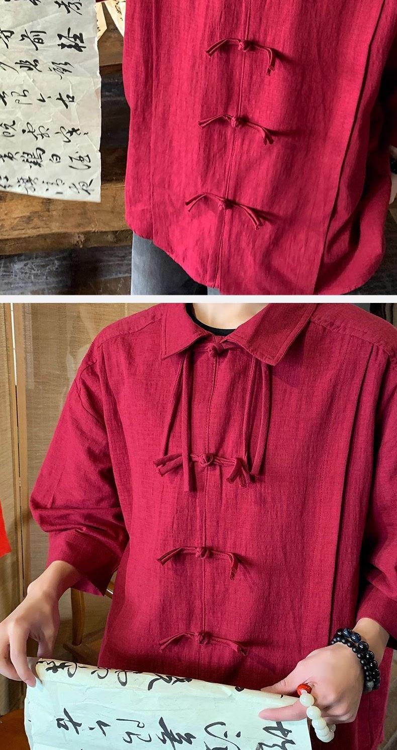 Product Introduction of Áo Sơ Mi Ngắn Tay Cotton Màu Đỏ Rượu Vang Phong Cách Trung Quốc Mới, Dành Cho Nam Giới, Phong Cách Trung Quốc, Trang Phục Mùa Hè, Cổ Chân Đế Chất Lượng Cao, Áo Sơ Mi Cải Tiến Thời Trang 8