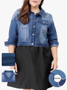 【Plus Size】 Faded Button Front Pocket Denim Jacket, Casual Long Sleeve Collared Outerwear, Women's Plus Size Clothing for Daily Wear, Clothing for Women