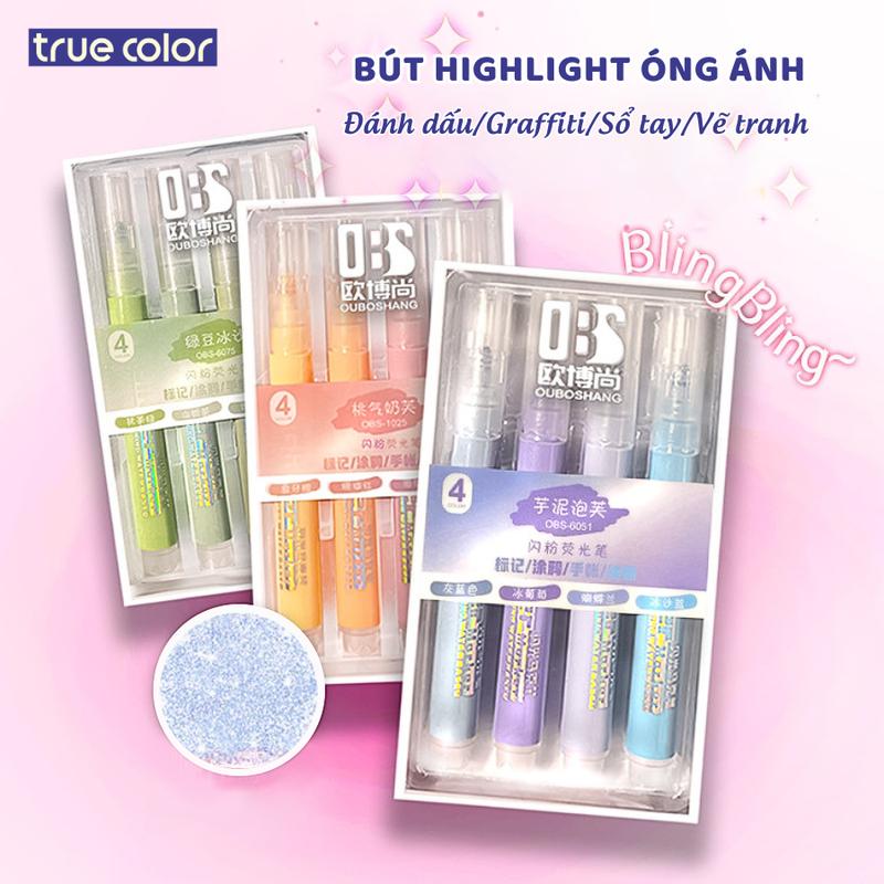 Set 4 bút highlight pastel óng ánh bút dạ quang bút đánh dấu - Hộp 4 bút note highlight pastel đánh dấu nhớ dòng vẽ graffiti bút màu bút hai