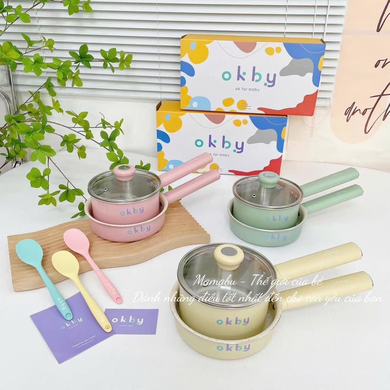 Bộ Nồi Chảo Okby Cho Bé Ăn Dặm, Nồi Quánh Inox Và Chảo Chống Dính Nấu Ăn Dặm Cho Bé Dùng Được Bếp Gas, Từ, Hồng Ngoại Mamabu Kem