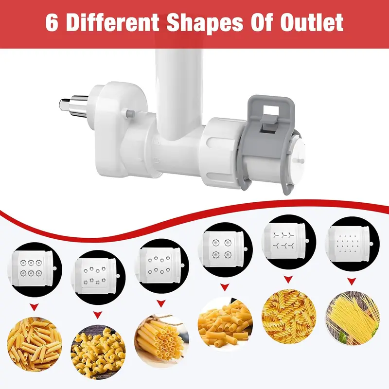 6-in-1 Pasta Maker Attachment, 1 Set Pasta Tool with 6 Different Shapes Pasta Outlet & Cleaning Brush, Durable Electric Pasta Press Attachments for Kitchen Aid Accessories 5