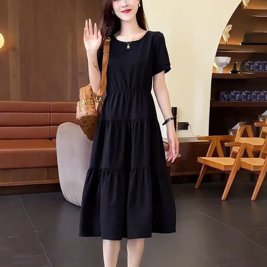 2025 Summer New Slim Waist Korean Style A-line Short Sleeve Dress Casual Womenswear rainbow cache 2025 Summer New Slim Waist Korean Style A-line Short Sleeve Dress Casual Womenswear rainbow cache