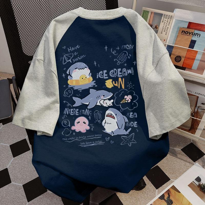 Áo Ngoại Cỡ In Hình Cá Mập Nhỏ Dễ Thương Ngọt Ngào, 100% Cotton, Dành Cho Phụ Nữ Và Unisex