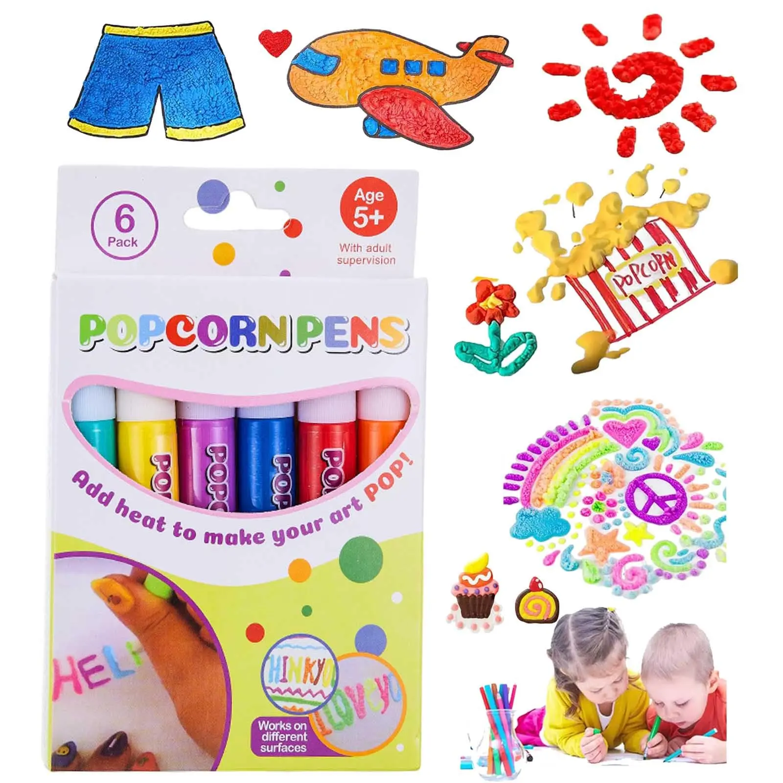 6pcs/set Popcorn Design Drawing Pens, 3D Bubble Popcorn Drawing Pens, Magic Colour DIY Bubble Popcorn Drawing Pens for Greeting Birthday Cards