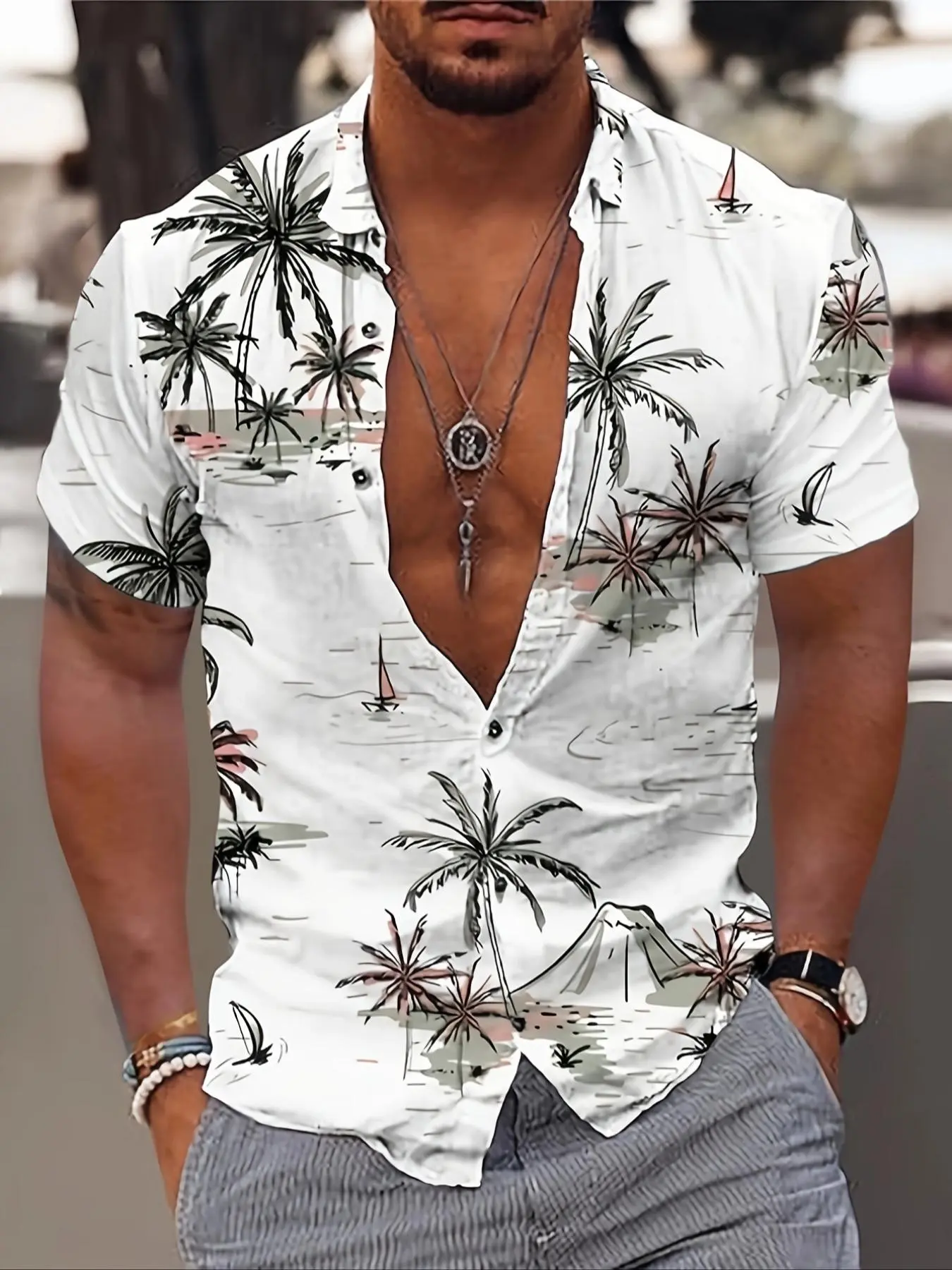 Men's Loose Coconut Tree Print Button Front Shirt, Short Sleeve Hawaiian Shirt, Casual Summer Top for Beach Vacation