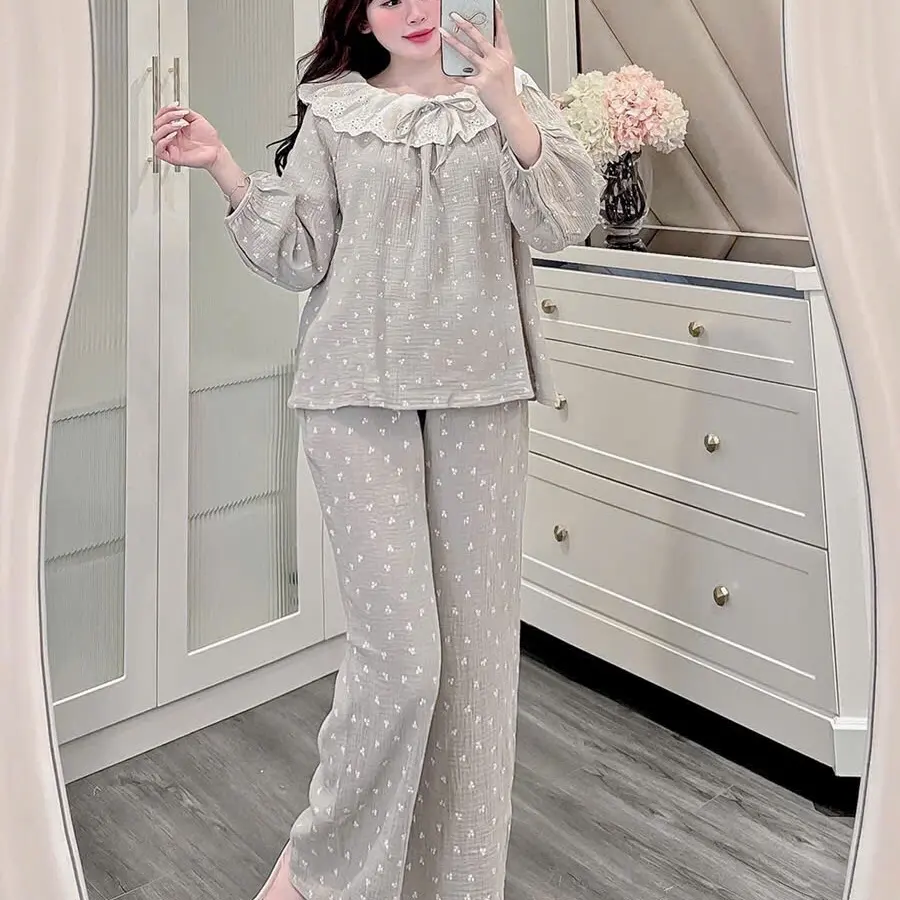 (Phương thảo đồ bộ) sét đồ bộ ngủ hoa nhí cổ phối ren mặc được 2 kiểu cổ tròn hoặc trễ vai,chất đũi xô mềm