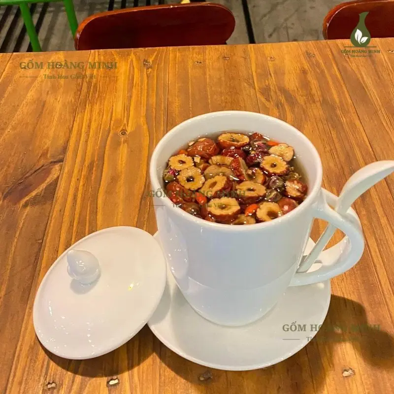 Cốc gắn thìa men trắng 400ml - Gốm Bát Tràng ( Tặng thìa cafe ) 0