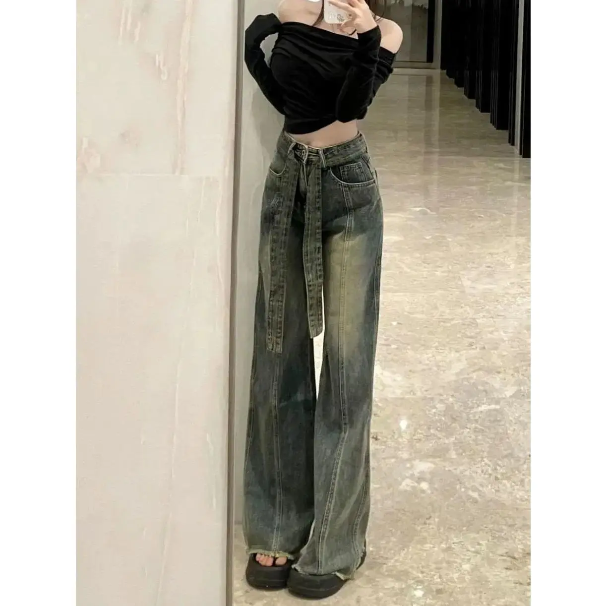 Quần Jean Nữ Buộc Dây Thiết Kế Sờn, Hàng Mới Về Mùa Thu, Phong Cách Cổ Điển Mỏng, Cạp Cao, Tạo Hình, Quần Ống Rộng, 2023