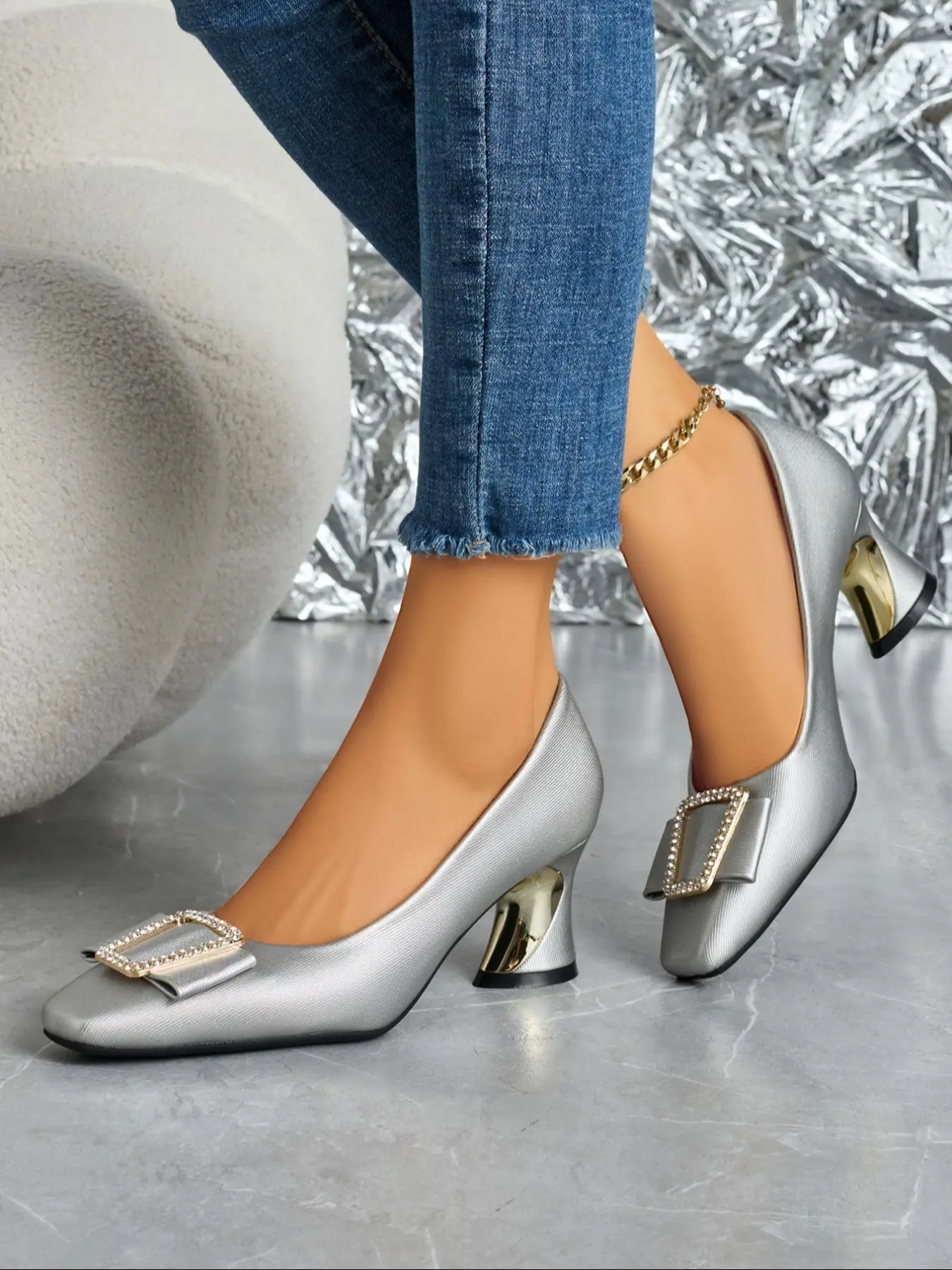 Women's Fashionable Geometric Decorated Slip on Heels, Elegant Square Toe High Heel Shoes for Party, Daily Clothing Decor for Women & Girls