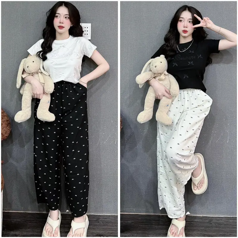 Bộ đồ nữ quần dài ống rộng họa tiết thêu nơ bigsize đến 85kg - Set đồ đi chơi, mặc ở nhà fullsize (40-85kg) 0