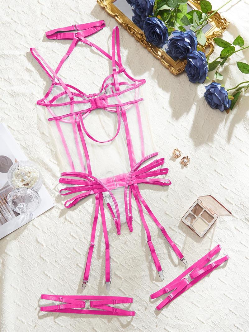 Product Introduction of Women's Contrast Binding Sheer Mesh Sexy Lingerie Set, Sexy Casual Cut Out Backless Lingerie Bodysuit & Garter Belts, Ladies Sexy Costumes, Naughty Lingerie, Sparkle Lingerie 2