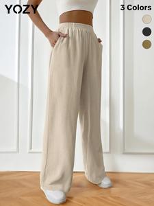YOZY Pocket Design Elastic Waist Pants, Casual Plain High Waist Wide Leg Trousers, Back To School Women's Daily Streetwear for All Season, Womenswear