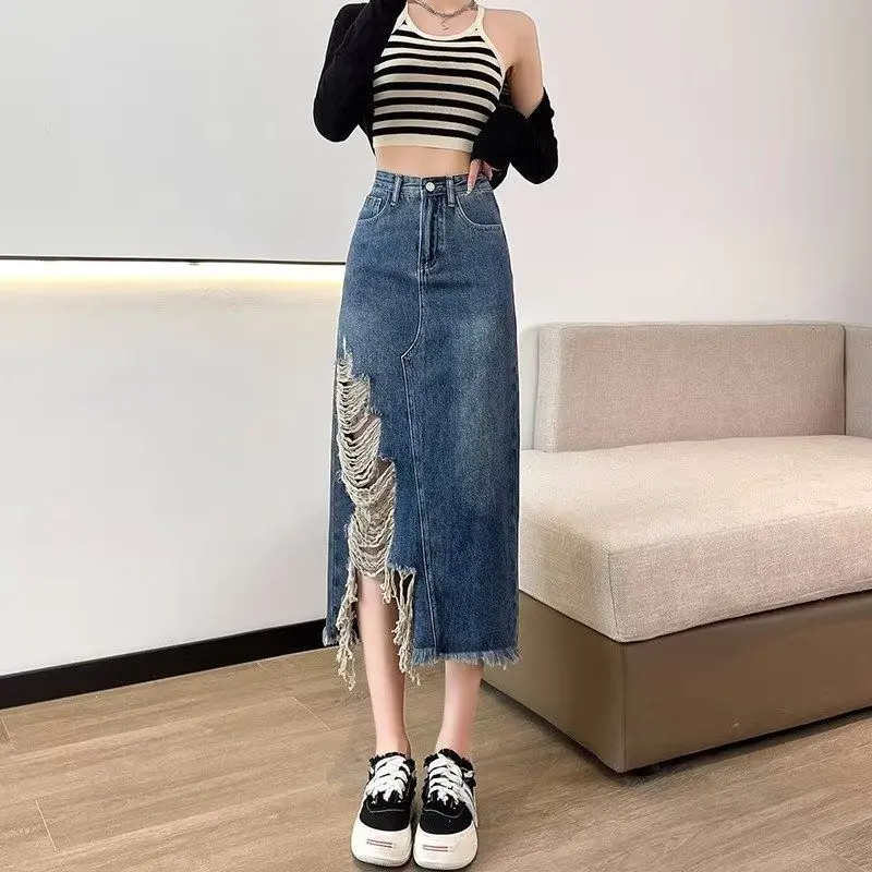 Chân Váy Denim Rách, Thiết Kế Bất Đối Xứng Dành Cho Nữ, Cạp Cao, Bó Sát, Dài Trung Bình Chân Váy Chữ A, Hàng Mới Về Cho Mùa Xuân, Mùa Thu Và Mùa Hè 2023, Độc Đáo