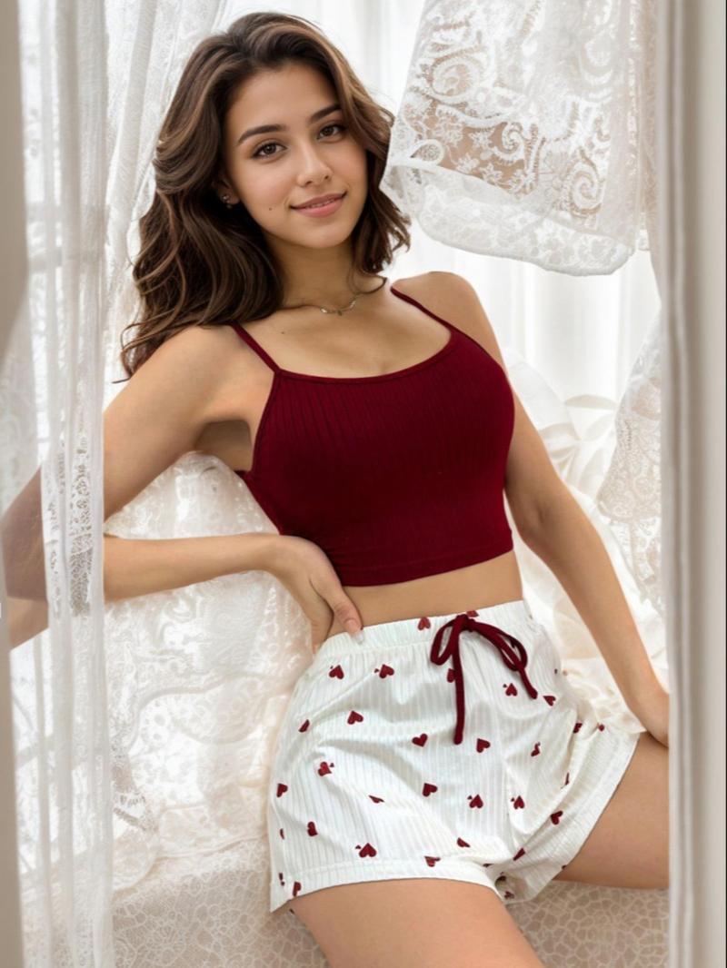 Product Introduction of Women's Plain Cami Top & Heart Print Shorts Pyjama Two-Piece Set, Casual Comfy Spaghetti Strap Camisole & Shorts PJ Set, Ladies Sleepwear for All Seasons 5