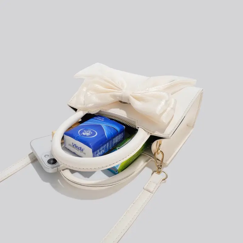 Túi Xách Nữ Đeo Chéo Đeo Vai Xách Tay Mini 2 Quai Đính Nơ dáng mini siêu xinh Bag Da Kem 7