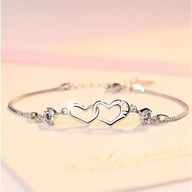 LH004 Cross-Border Platinum-Plated S925 Silver Double Heart Amethyst Heart-to-Heart Women's Bracelet Live Streaming Hot Sale Source