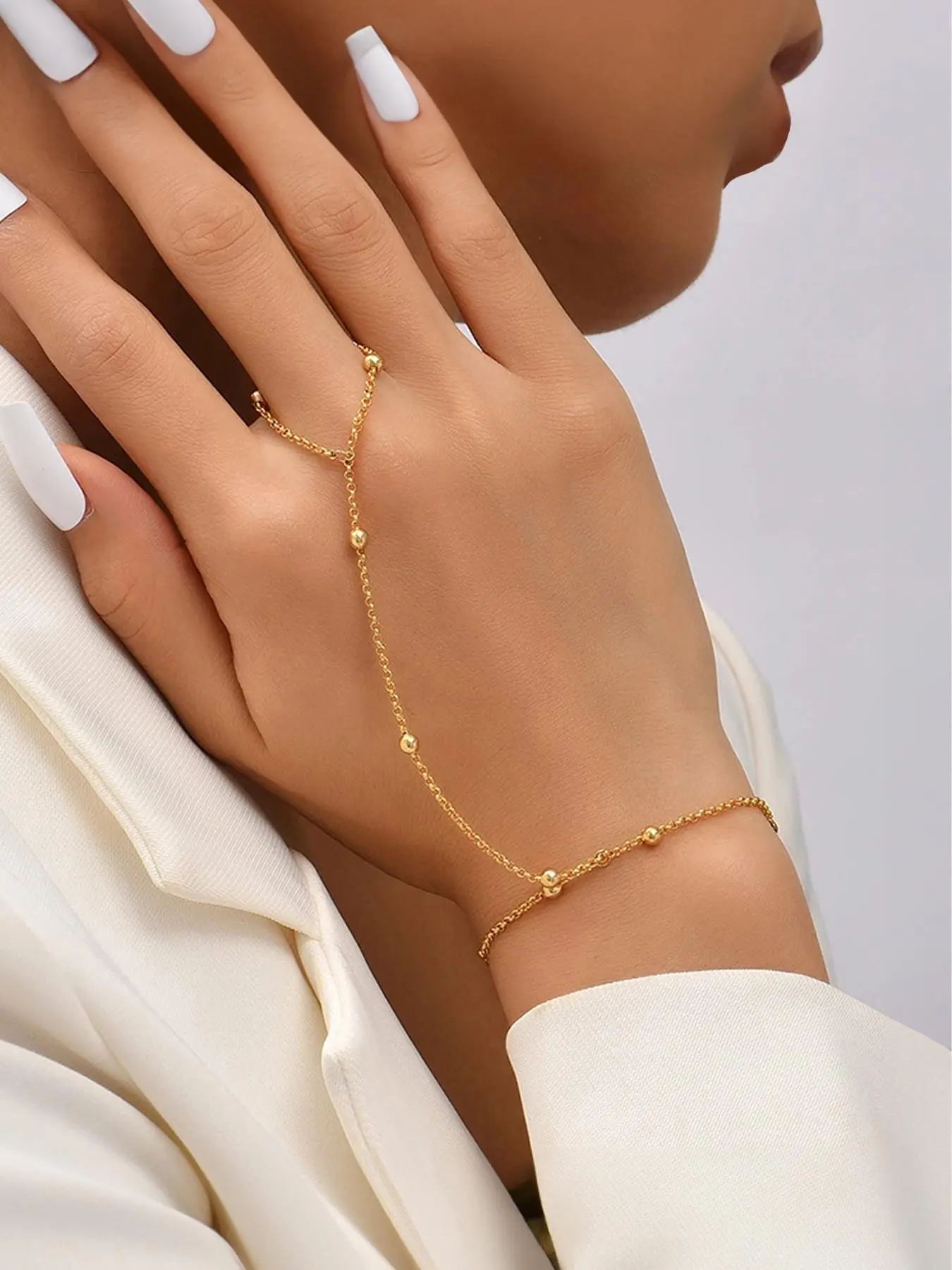 Simple Bead Decorated Link Bracelet, Finger Chain Jewelry for Women & Girls, Fashion Alloy Jewelry for Party, Daily Clothing Decor, Birthday Gift
