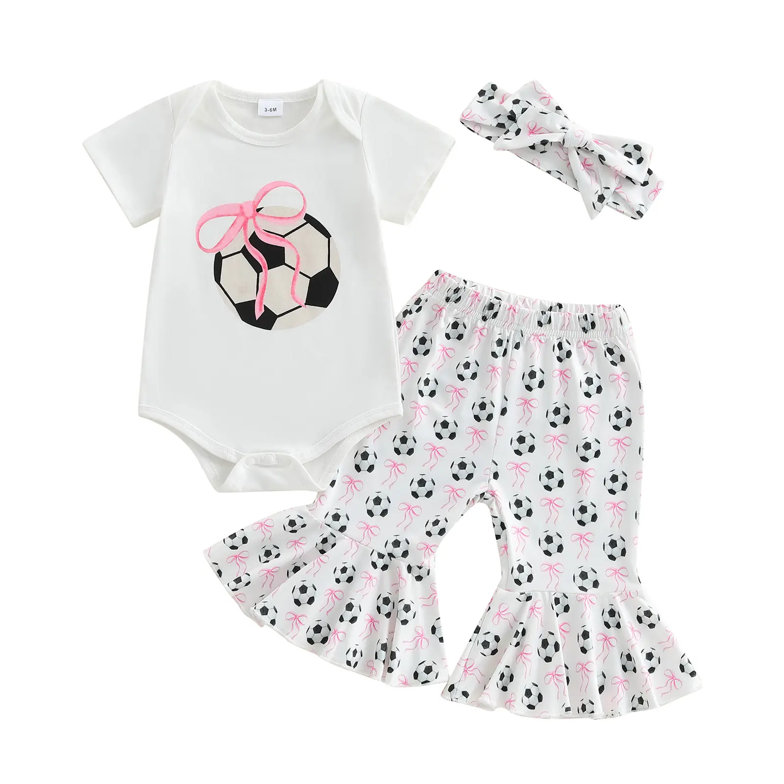 Baby Girls 3Pcs Summer Outfits Short Sleeve Romper + Pants + Headband Set Soccer Clothes