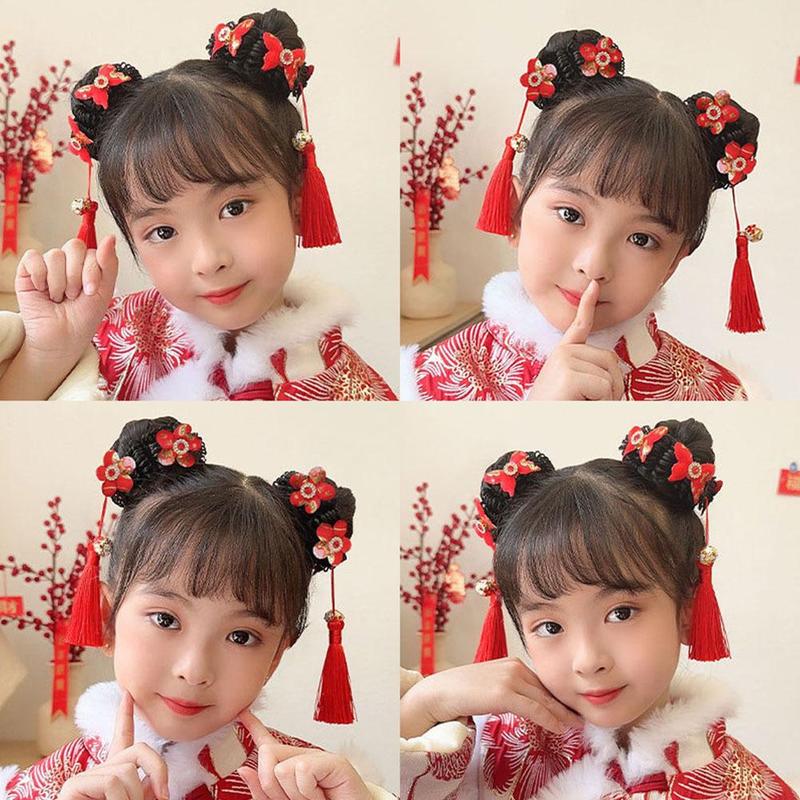 Product Introduction of Tóc Giả Trẻ Em, Phụ Kiện Tóc Scrunchies Bóng Tua Rua, cài tóc Cô Gái Năm, Phong Cách Cổ Trang Mới, C4J1 17