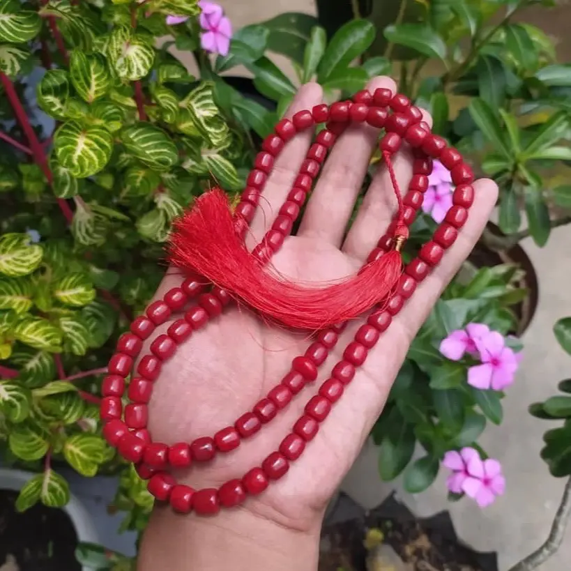 Tasbih 99 red coral/batu marjan tembus cahaya berkualitas dan original