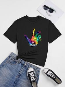 ImprinTee Women's Colorful Hand & Letter Print Round Neck Tee, Fashion Casual Short Sleeve Graphic T-Shirt for Daily Outdoor Wear, Ladies Clothes for All Seasons