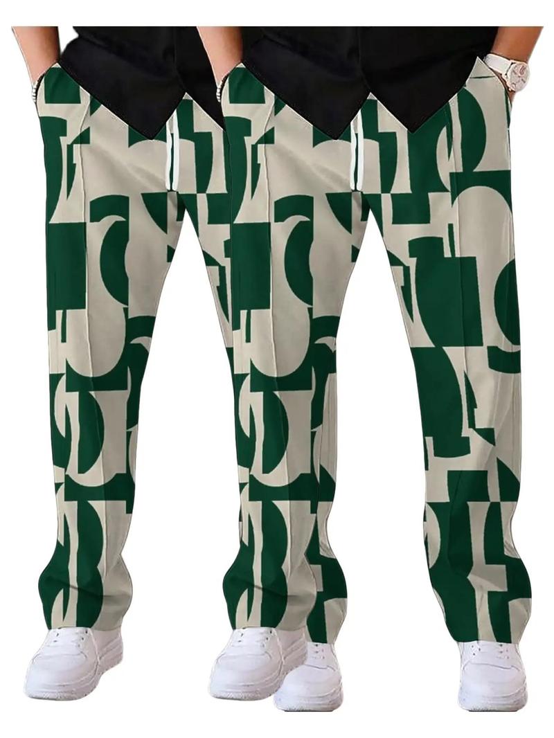 Product Introduction of Men's Regular Fit Geometric Print Drawstring Waist Pants, Casual Style Comfy Pocket Straight Leg Trousers for Fall & Winter, Men's Bottoms for Daily Wear 2