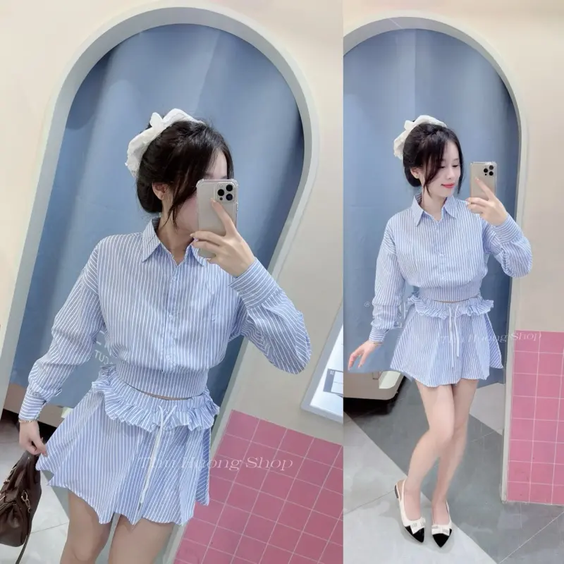 SET SƠ MI KẺ ÁO CROTOP PHỐI CHÂN VÁY XOÈ(ẢNH SHOP TỰ CHỤP)