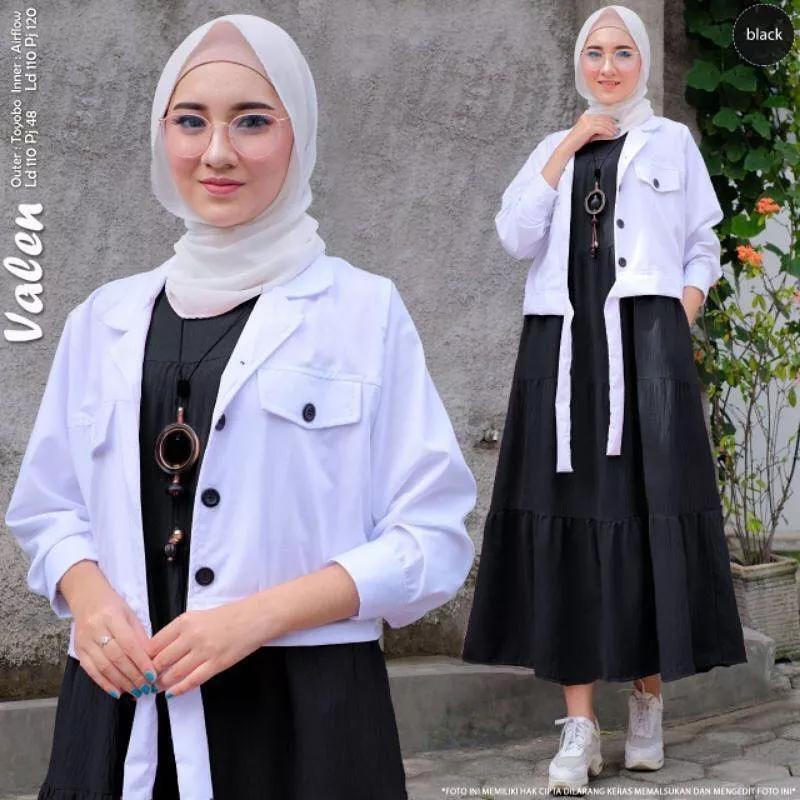 Valen set 2in1 Setelan Polos  Baju  wanita Muslimah Iner  Gamis Panjang + Atasan outhers Putih Terbaru Kancing Aktif Bahan Crinkle Fremium 4