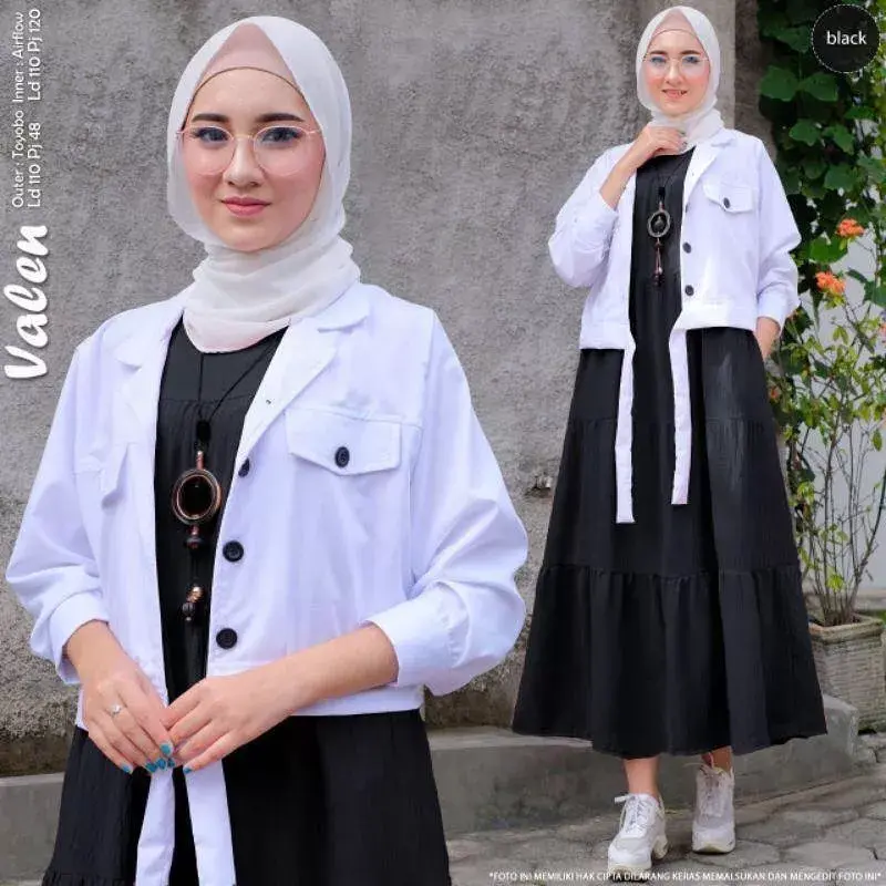 Valen set 2in1 Setelan Polos  Baju  wanita Muslimah Iner  Gamis Panjang + Atasan outhers Putih Terbaru Kancing Aktif Bahan Crinkle Fremium 3
